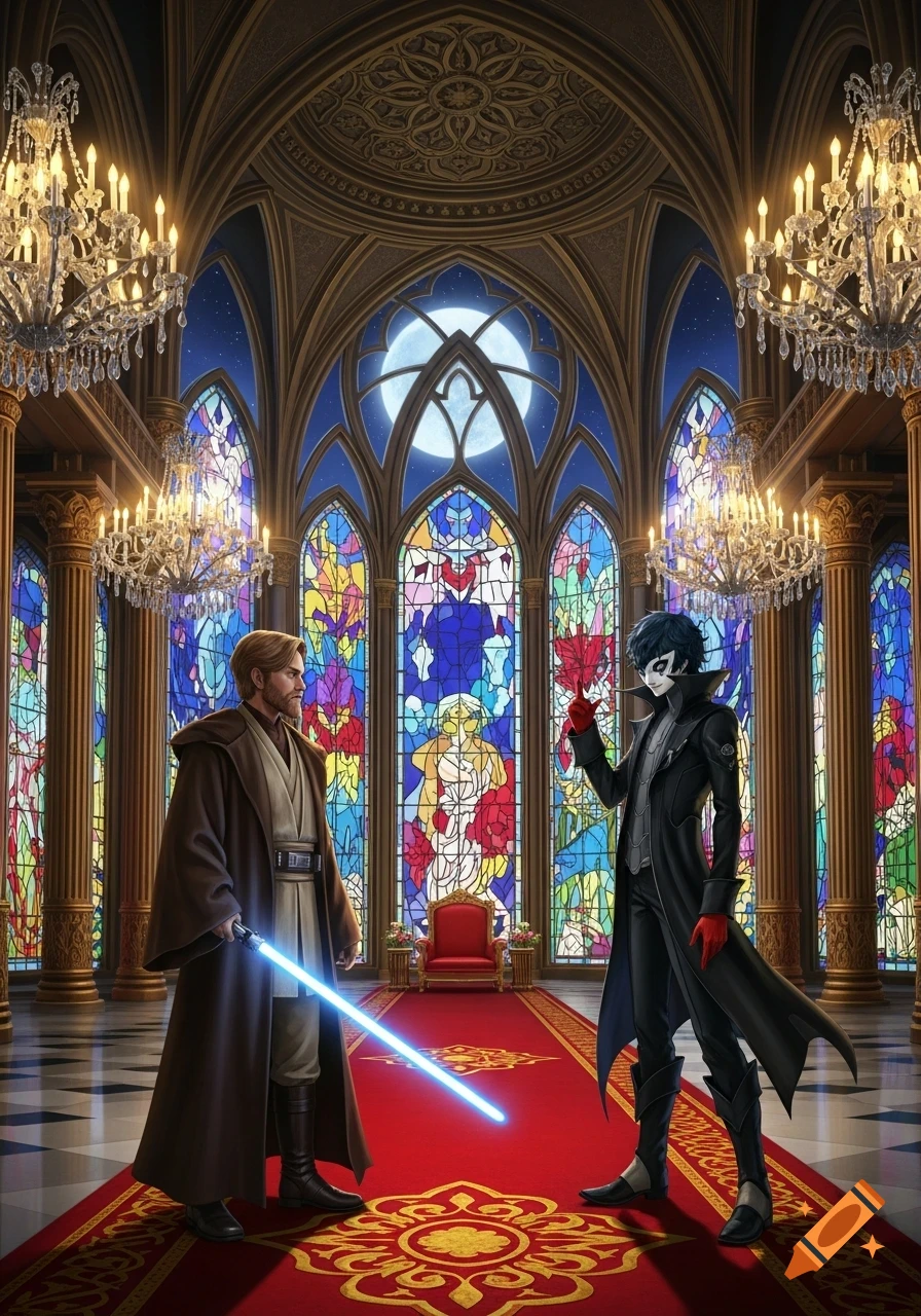 Obi-Wan Kenobi with a blue lightsaber faces Joker in an ornate hall with stained glass windows and chandeliers.