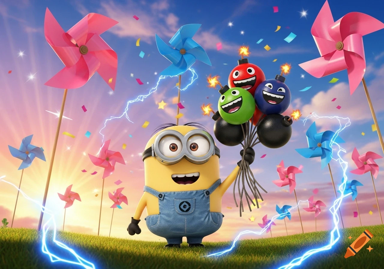 A happy Minion holds a bouquet of bomb-shaped balloons with lit fuses, surrounded by colorful pinwheels and confetti under a bright sky.