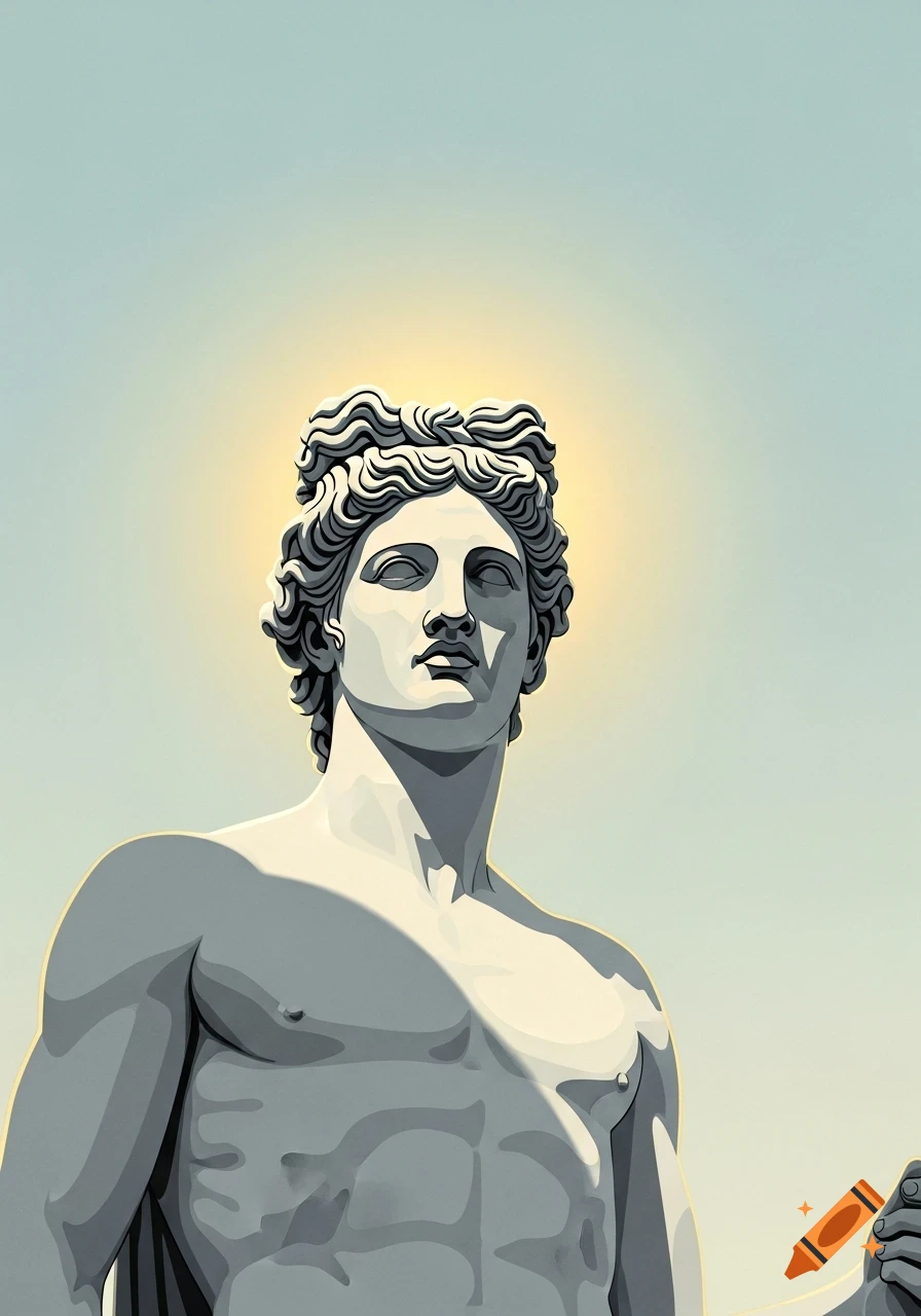 A stylized illustration of a classical Greek statue of Apollo, with sunlight forming a halo behind his head, against a light blue sky.