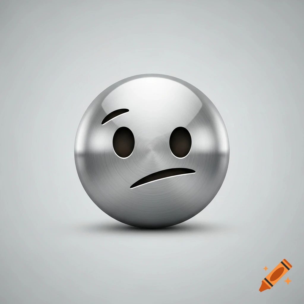 A 3D metallic emoji with a skeptical expression, featuring oval eyes, a downturned mouth, and a raised eyebrow on a gray background.