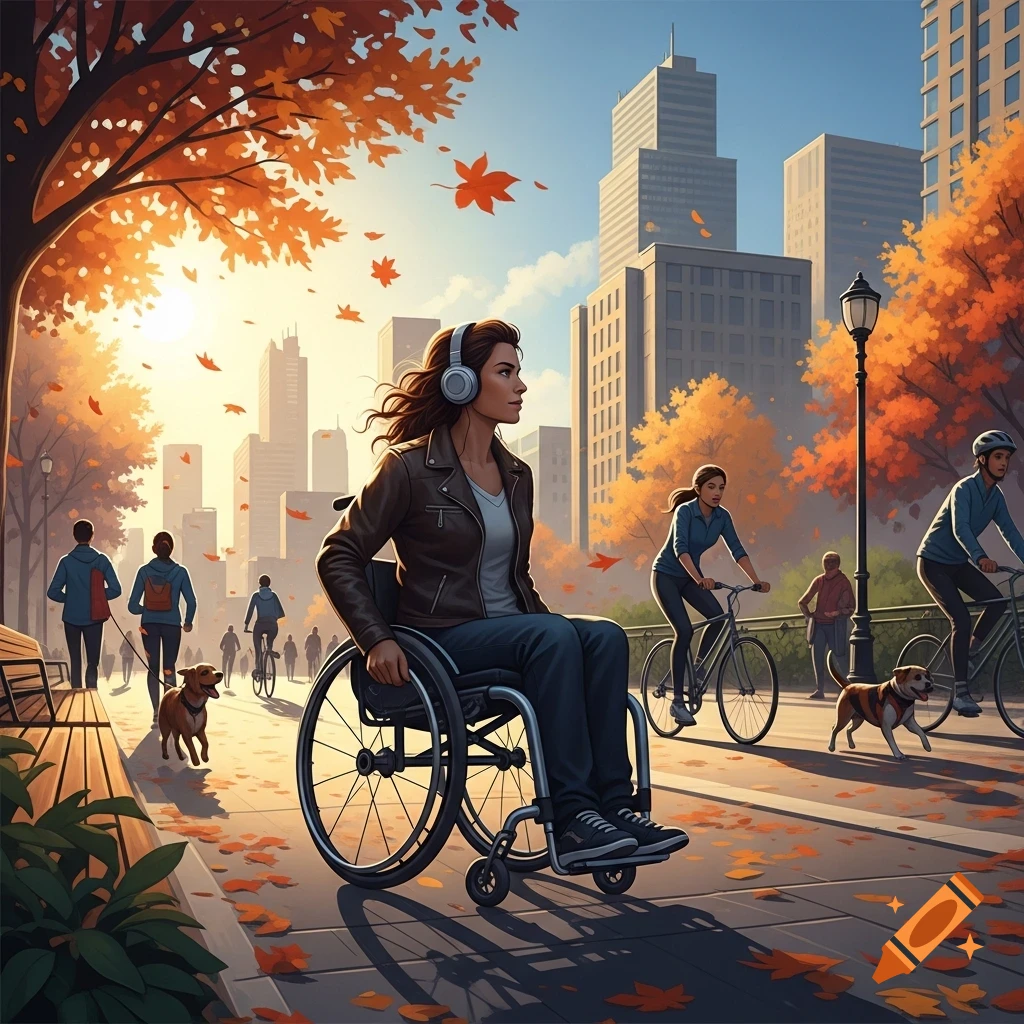 A woman in a wheelchair with headphones moves on a sunny autumn city path with falling leaves, alongside pedestrians, cyclists, and dogs, with city buildings in the background.
