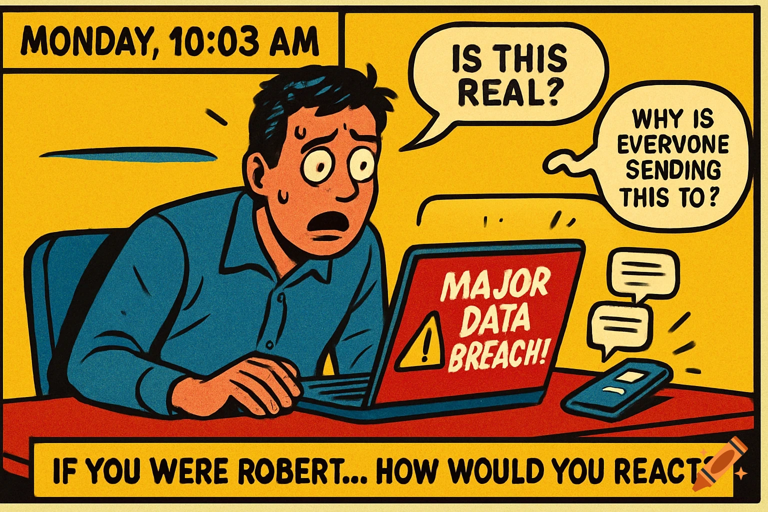 A comic illustration of a man looking shocked at his laptop, which displays "MAJOR DATA BREACH!". Speech bubbles read "IS THIS REAL?" and "WHY IS EVERYONE SENDING THIS TO?". A phone is next to the laptop, and text boxes read "MONDAY, 10:03 AM" and "IF YOU WERE ROBERT... HOW WOULD YOU REACT?"
