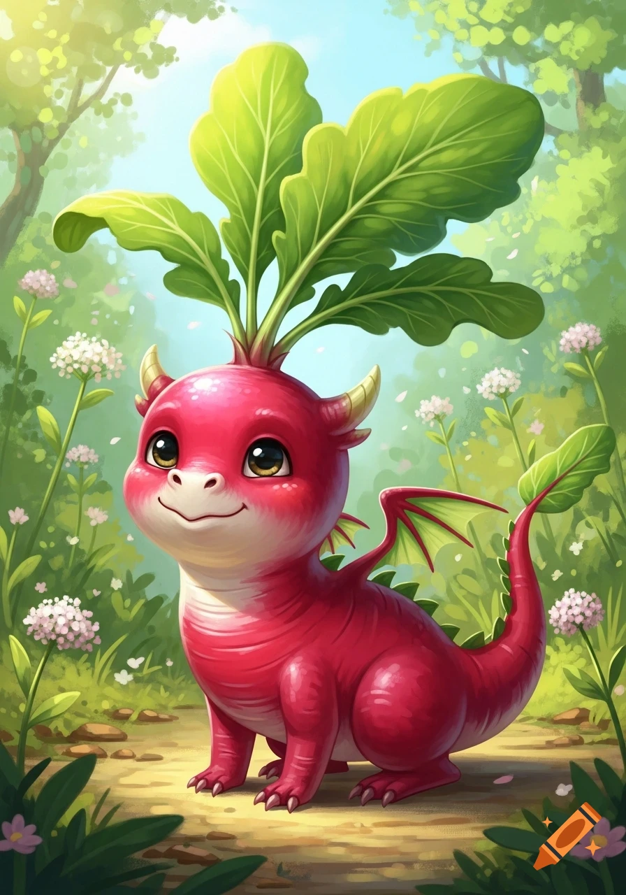 A cute, smiling red baby dragon with radish leaves growing from its head, sitting in a whimsical forest with flowers.