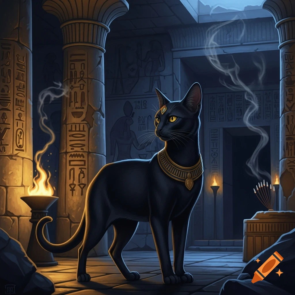 A majestic black cat with a golden collar and headpiece stands in an ancient Egyptian temple illuminated by torches and hieroglyphs, in a mysterious, illustrative style.
