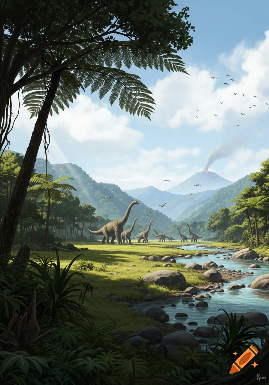 A herd of long-necked dinosaurs graze in a lush prehistoric valley with a river, forests, and an erupting volcano under a cloudy sky.