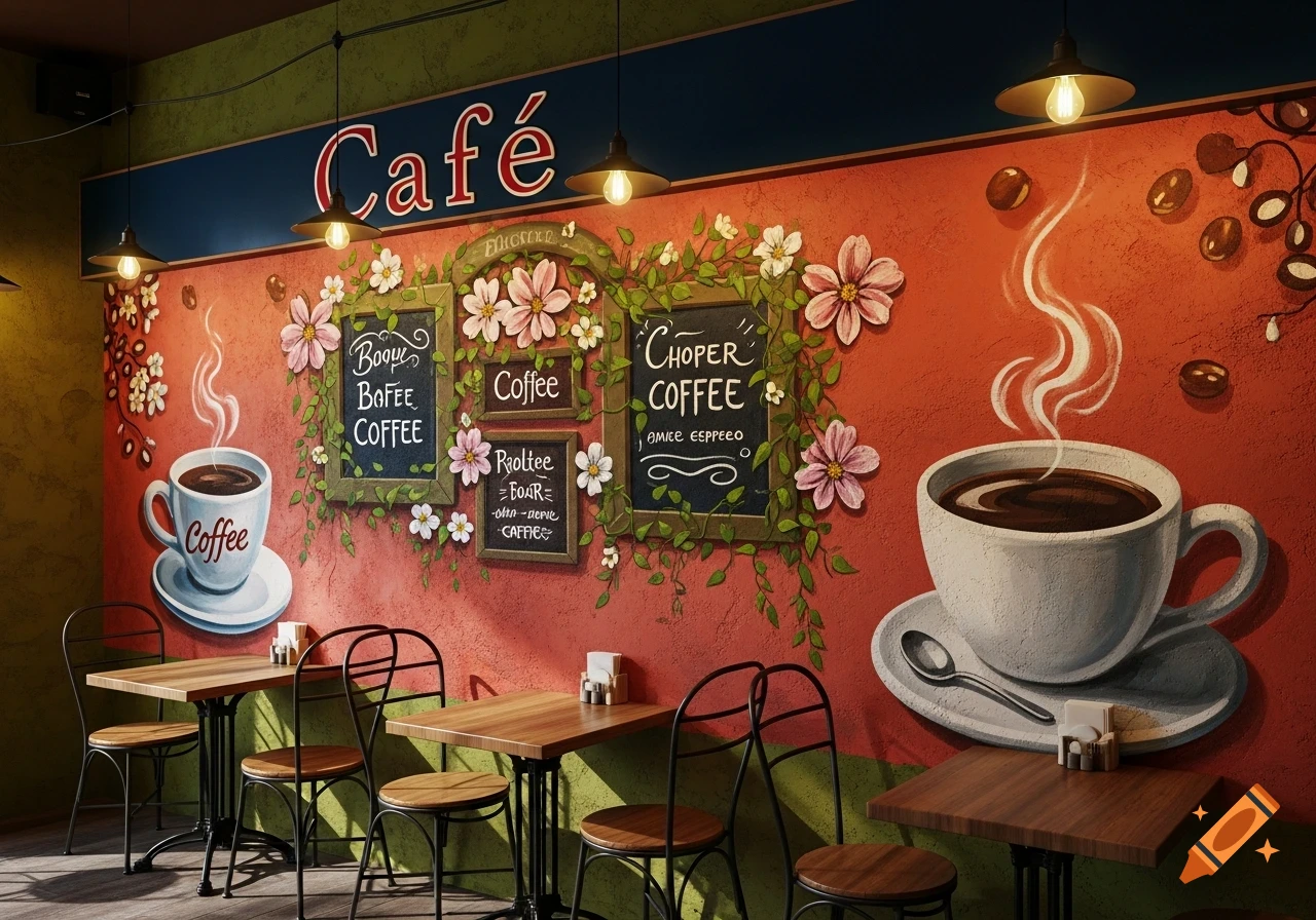 A stylized mural of a cafe interior with red walls, green accents, and hanging lamps. Chalkboards with text and flowers decorate the wall alongside large cups of steaming coffee.