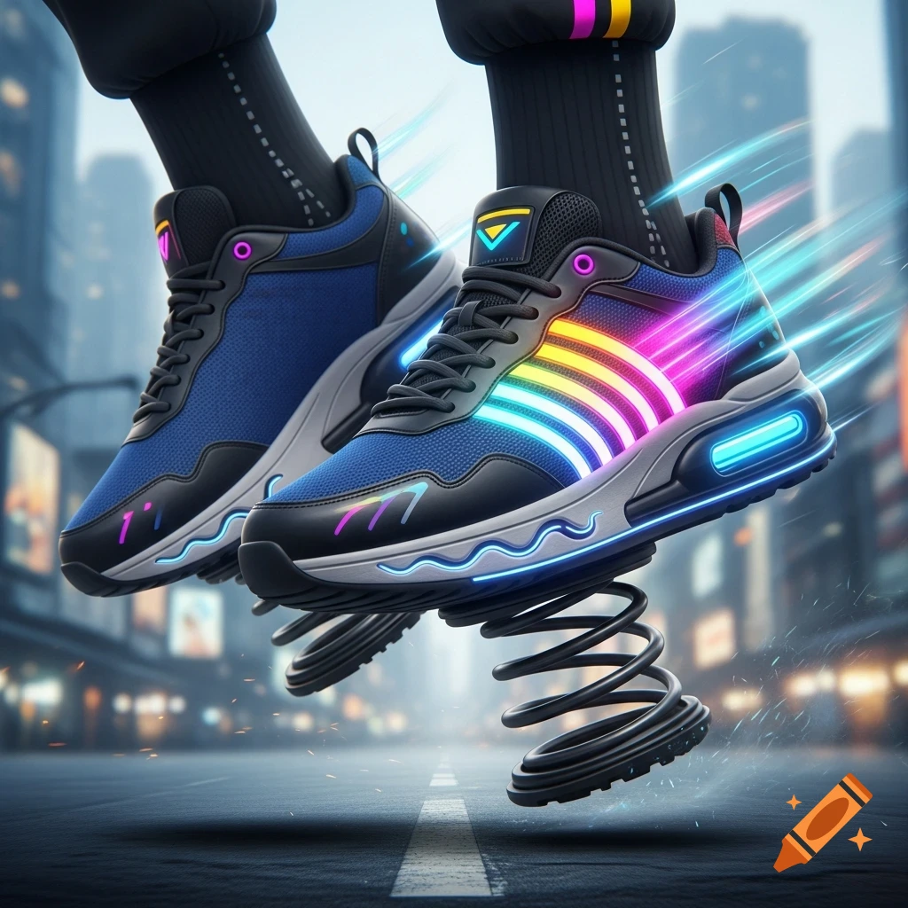 Futuristic blue sneakers with rainbow neon stripes and springs hovering over a blurred city street.