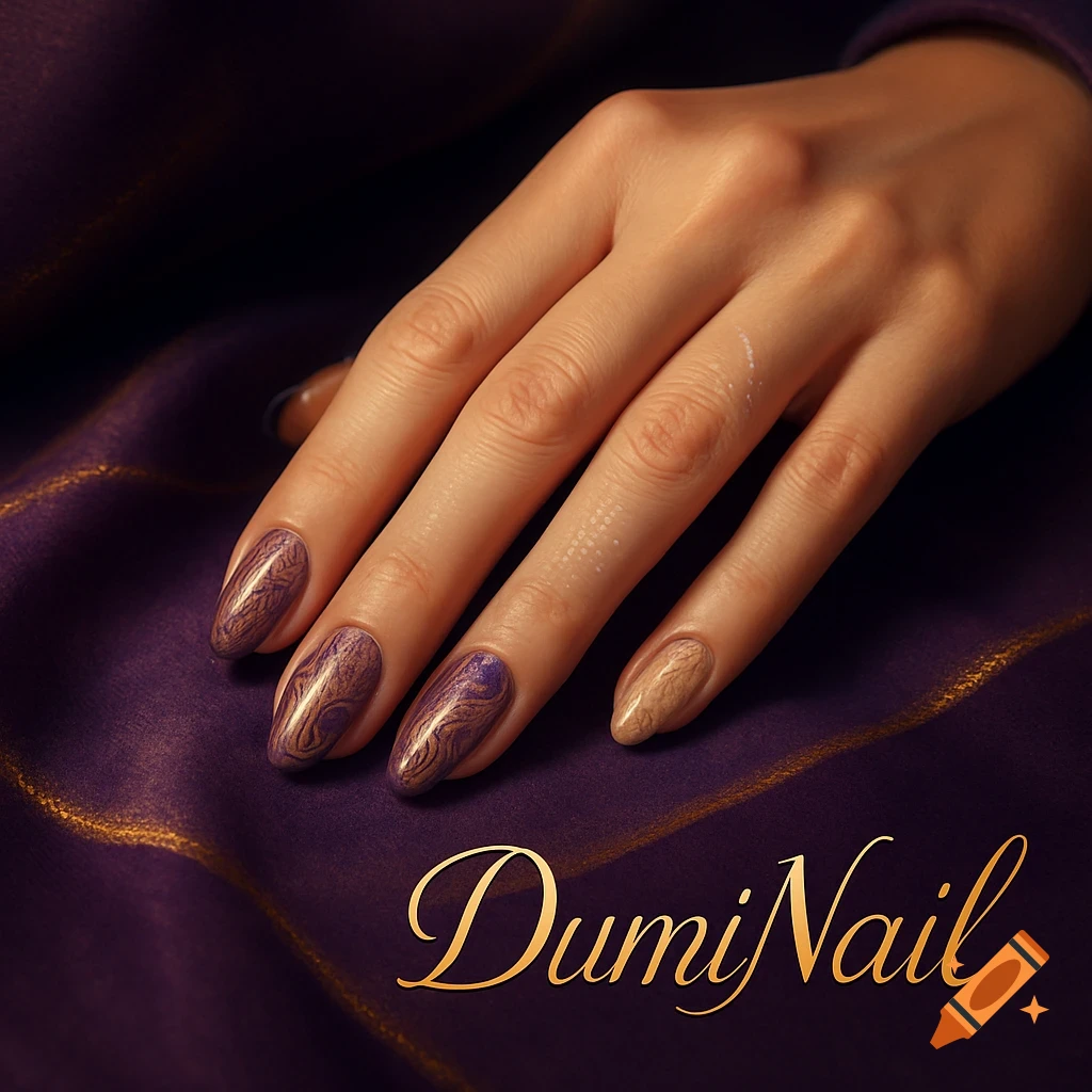 Close-up of a hand with purple and gold patterned oval nails on a deep purple satin fabric, with 'DumiNail' in gold script.