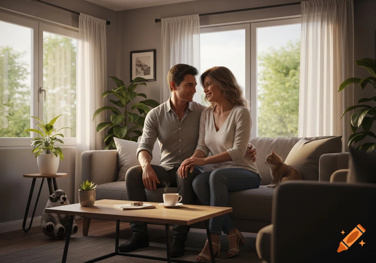 Photorealistic image of a smiling couple on a couch in a cozy living room with a cat and plants.