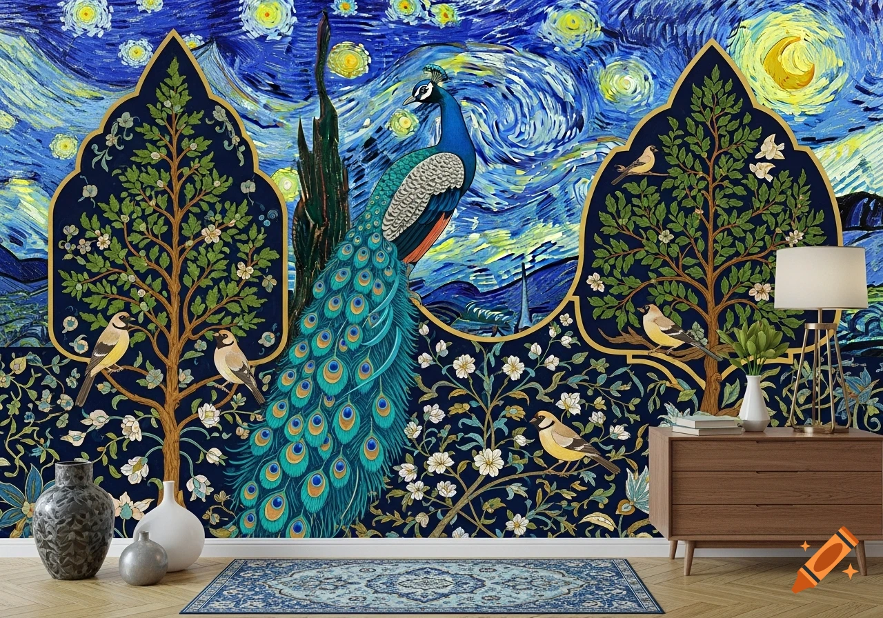A decorative wall art featuring a peacock and birds on trees, set against a Van Gogh-style Starry Night sky.