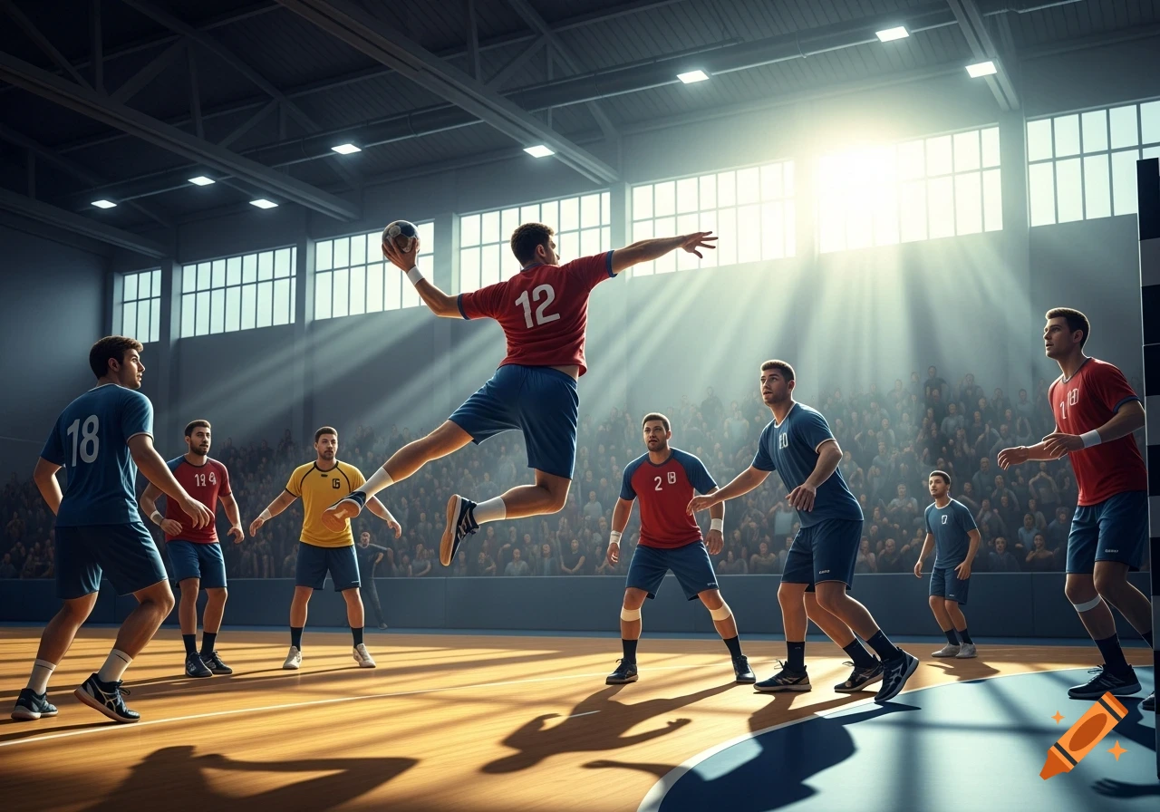A photorealistic image of a handball player in a red jersey jumping to throw a ball during a game, with other players and spectators.