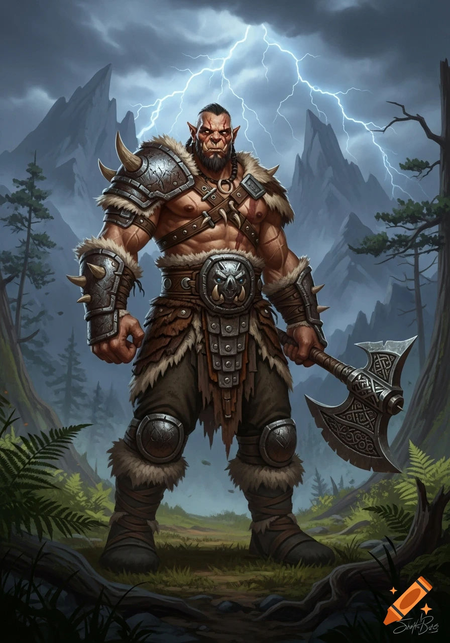 Muscular half-orc barbarian in fur and metal armor, holding a battle axe, stands in a stormy forest with mountains and lightning.
