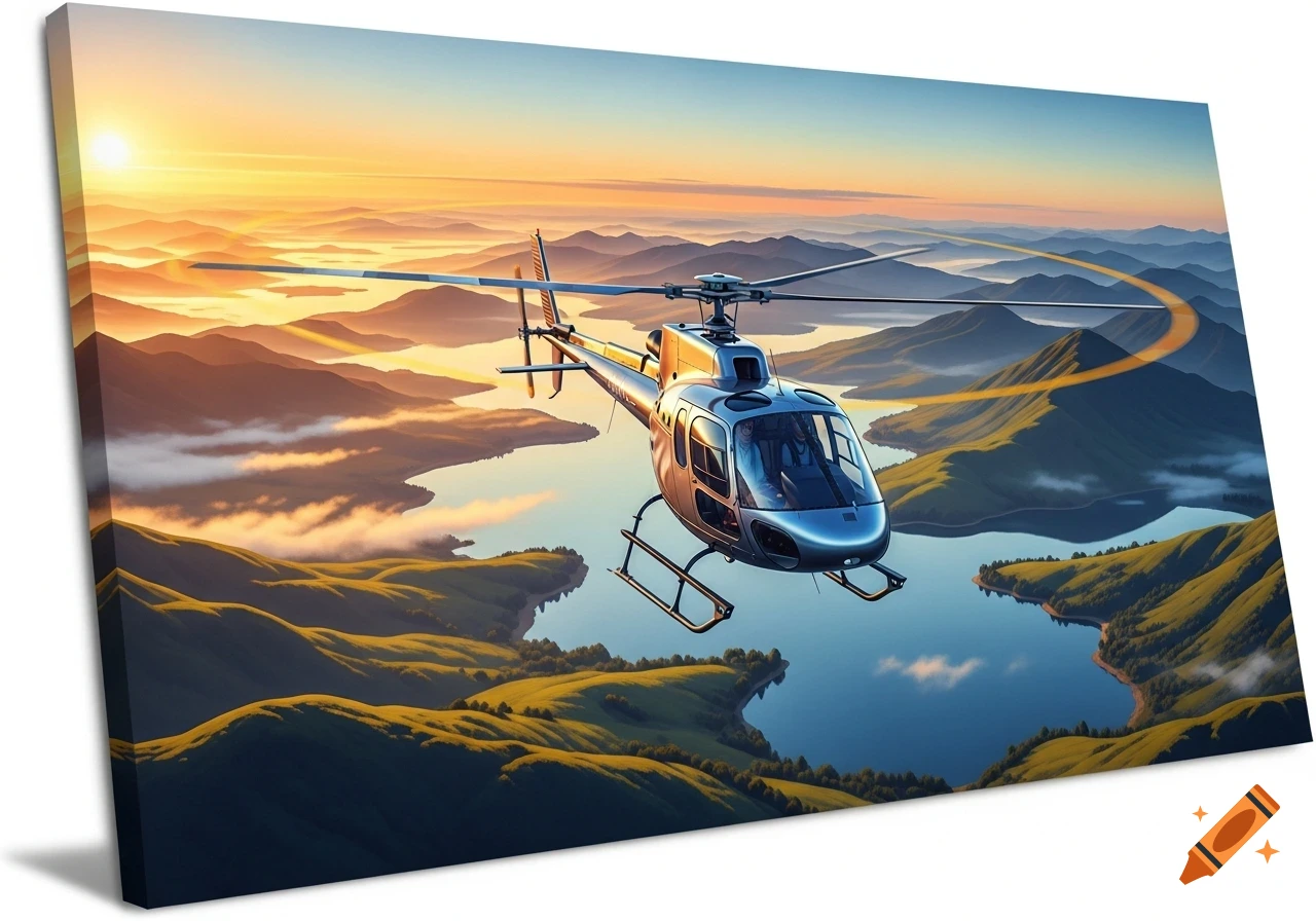 Photorealistic silver helicopter flying over a mountainous lake landscape at sunset, leaving a golden trail.