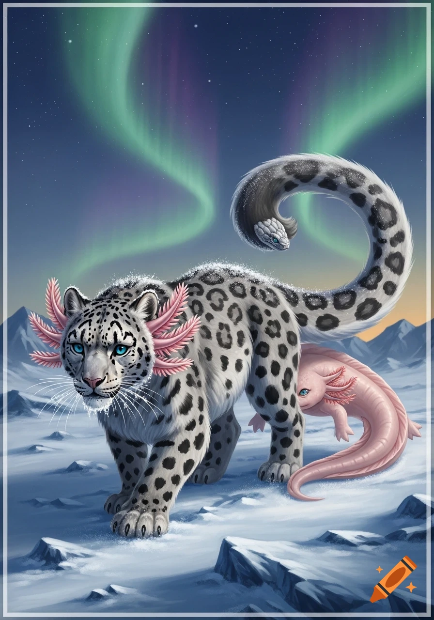 A fantasy snow leopard with pink axolotl gills and a snake tail, an axolotl peeking from behind, in a snowy landscape under aurora lights.