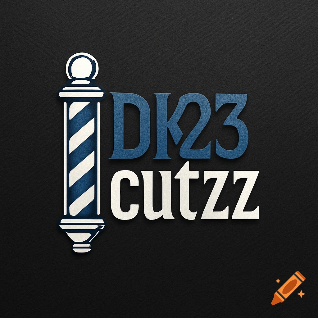 A barbershop logo with a blue and white pole and text 'DK23 cutzz' on a dark textured background.
