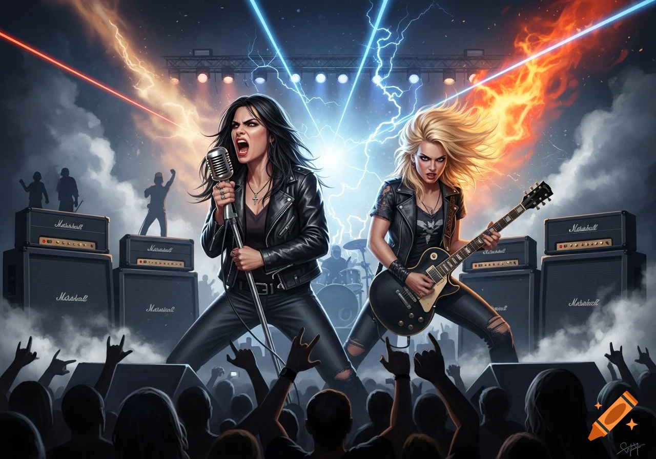 Two female rock singers, one with dark hair singing into a microphone and a blonde playing guitar, performing on a vibrant stage with lightning effects and a cheering crowd.