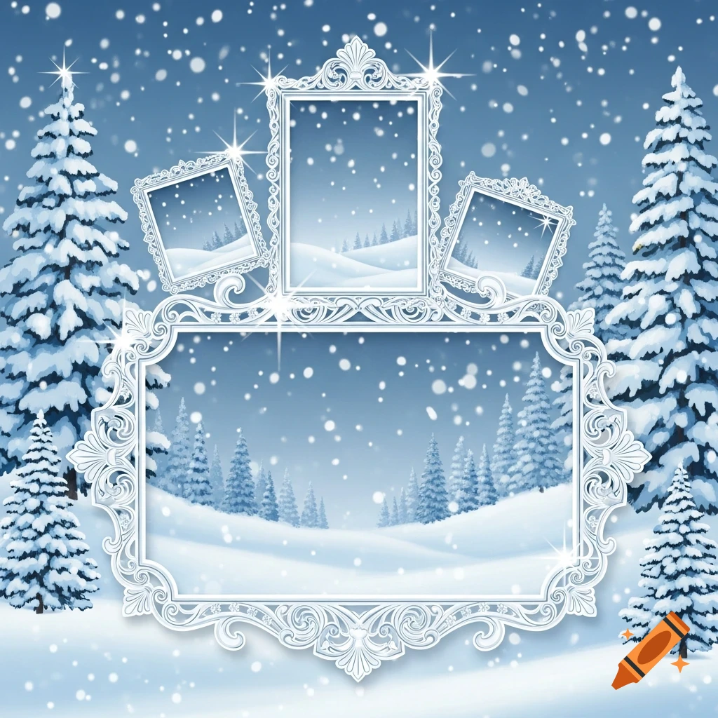 A snowy winter landscape with snow-covered pine trees and ornate white frames for photos, with falling snow and sparkles.