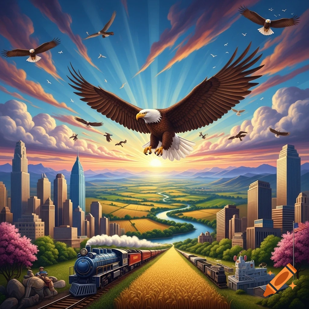 Majestic eagle soaring over a cityscape and rural landscape with a train, river, and sunset, in a vibrant, illustrative style.