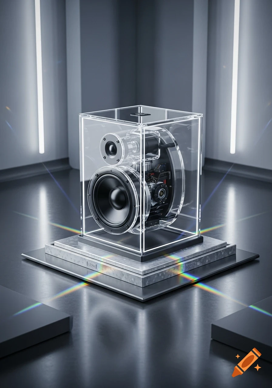A detailed, transparent speaker enclosed in a clear cube on a metallic pedestal in a modern, well-lit room.