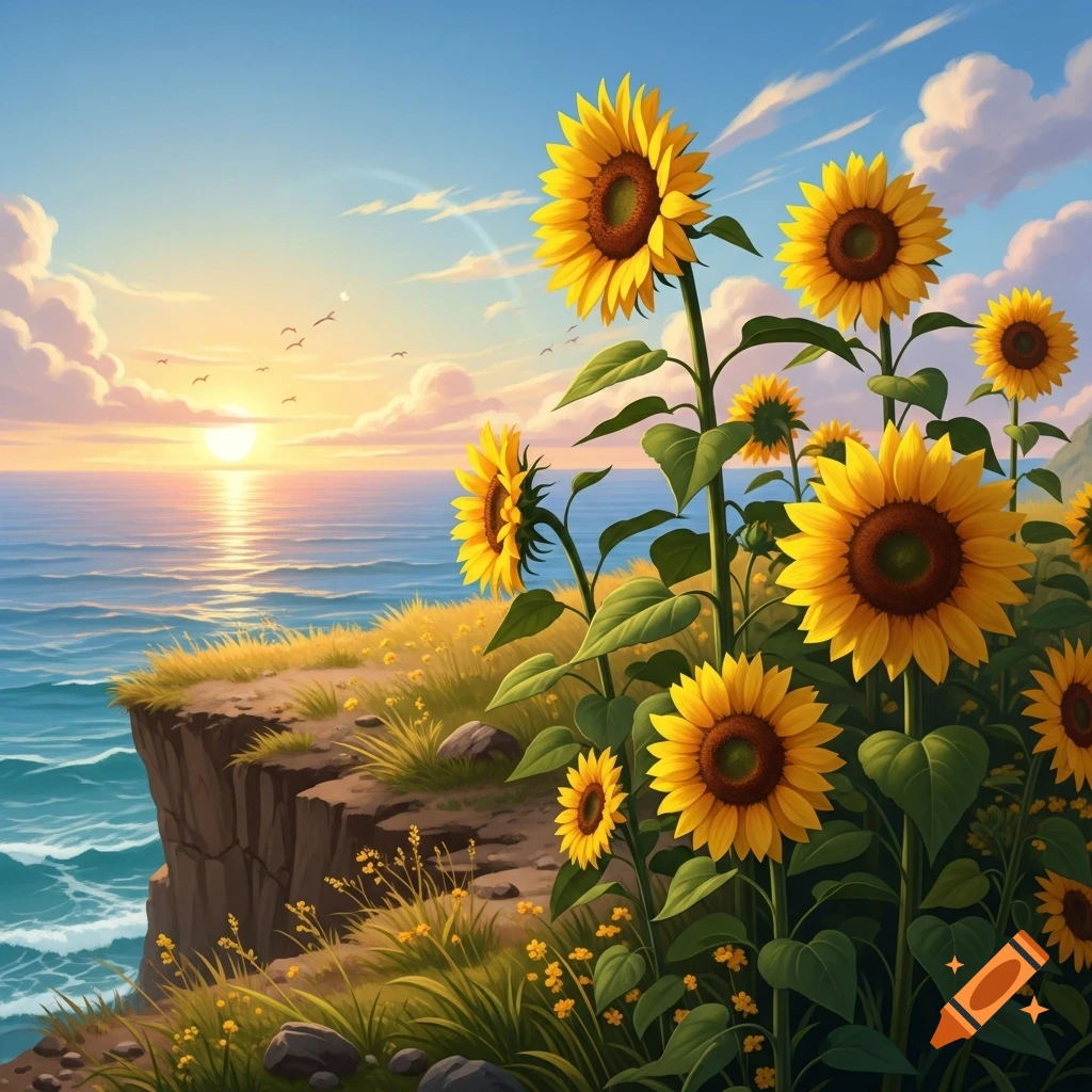 Vibrant digital painting of sunflowers growing on a cliff overlooking a calm ocean at sunset, with a subtle rainbow in the sky.
