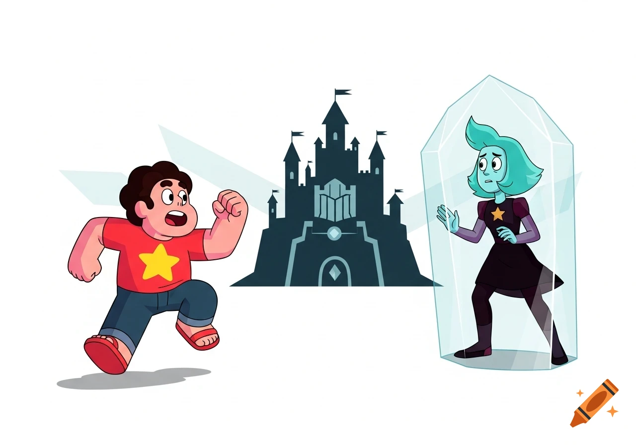 Steven Universe running towards a dark castle silhouette while Aquamarine is trapped in a crystal prison.