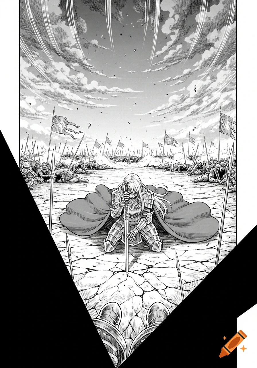 Grayscale manga scene of an armored warrior kneeling on a cracked battlefield with a sword, surrounded by fallen soldiers under dramatic skies.