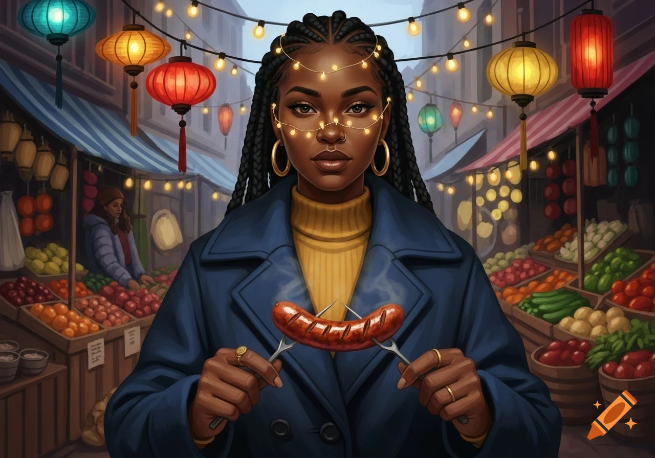 Illustrated portrait of a Black woman with large hands holding a steaming sausage at a bustling street market with lanterns.