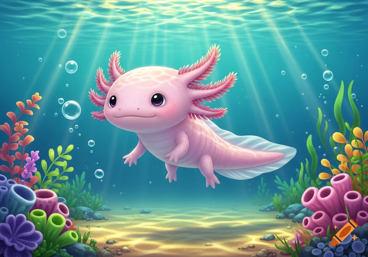 Cute pink animated axolotl floating underwater with colorful coral, seaweed, and sunbeams.