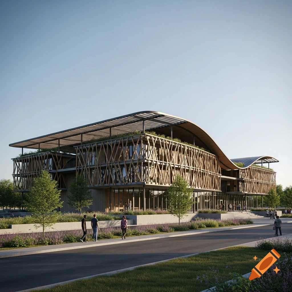 A modern public building with a wooden lattice facade and a curved roof, surrounded by trees and landscaping, with people walking nearby.