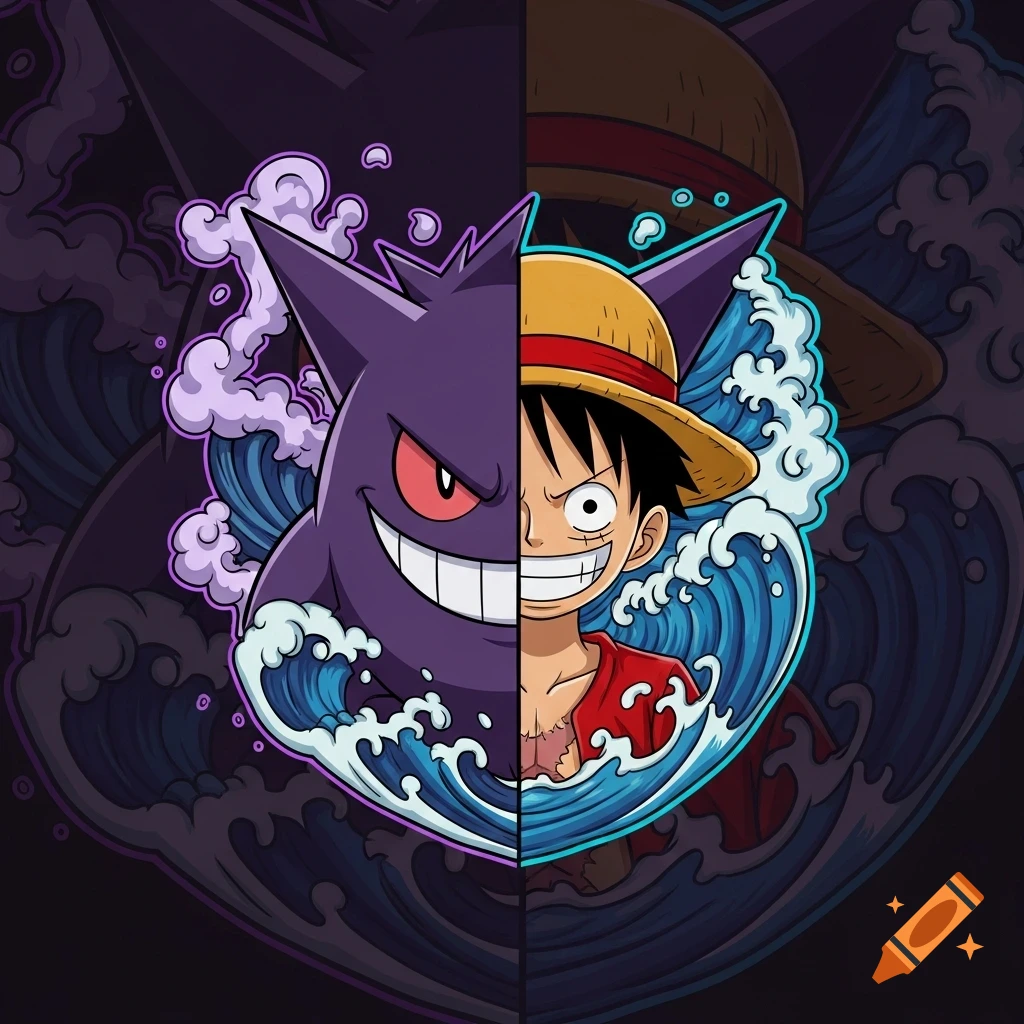 Split cartoon logo featuring half Gengar and half Monkey D. Luffy surrounded by stylized waves and smoke.