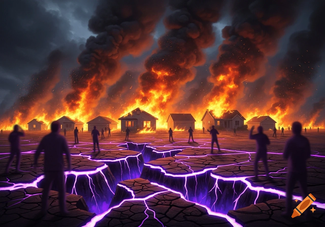 A dramatic scene of houses on fire under a dark, smoke-filled sky, with cracked earth glowing purple and blurred silhouetted figures.