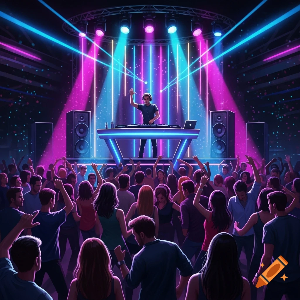 A DJ performs for a large dancing crowd under vibrant neon lights in a bustling nightclub.