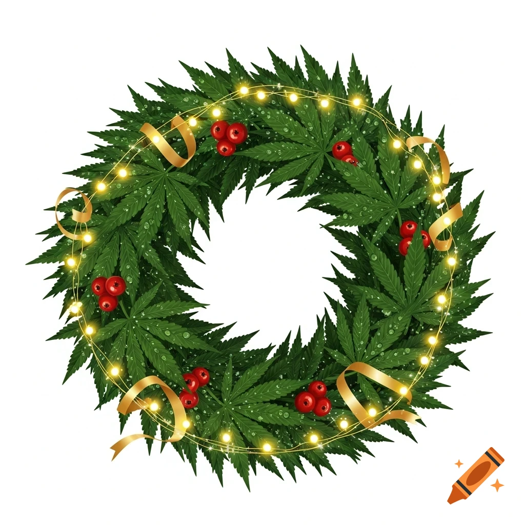 A festive Christmas wreath made of green cannabis leaves, decorated with red berries, gold ribbons, and glowing string lights on a white background.