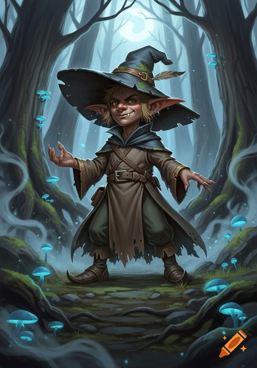 A grinning goblin charlatan in a wide hat stands in a mystical forest with glowing blue mushrooms, fantasy art.