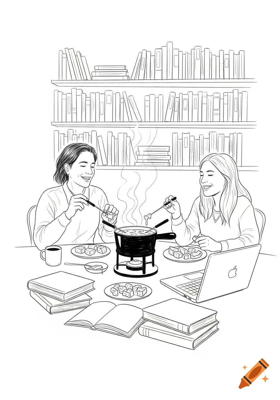 Black and white line art of two people smiling and eating fondue at a table with books and a laptop, a bookshelf behind them.