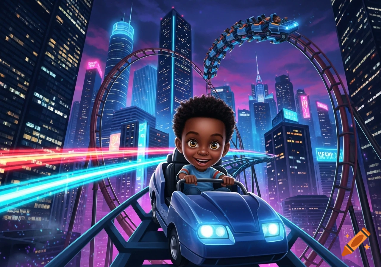 A happy cartoon child with a big head rides a blue roller coaster through a vibrant, neon-lit futuristic city at night.