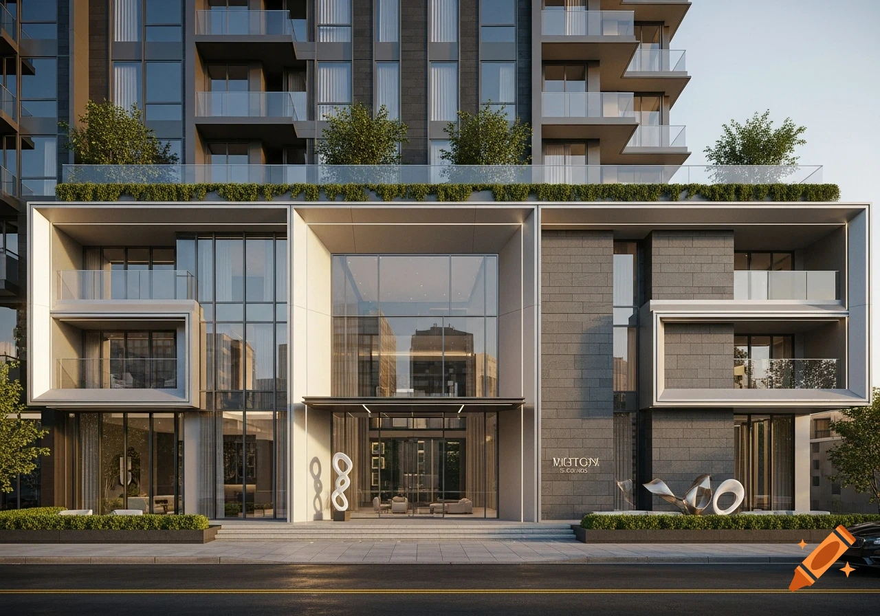 Photorealistic image of a sleek, modern building facade with large glass windows, balconies, and green planters from street level.