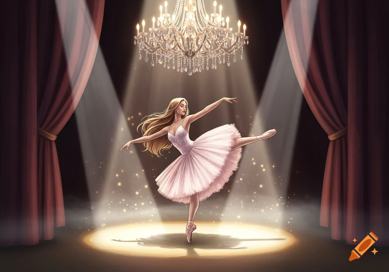 An illustration of a blonde ballerina in a pink tutu performing a ballet pose on a stage under spotlights with a chandelier above.