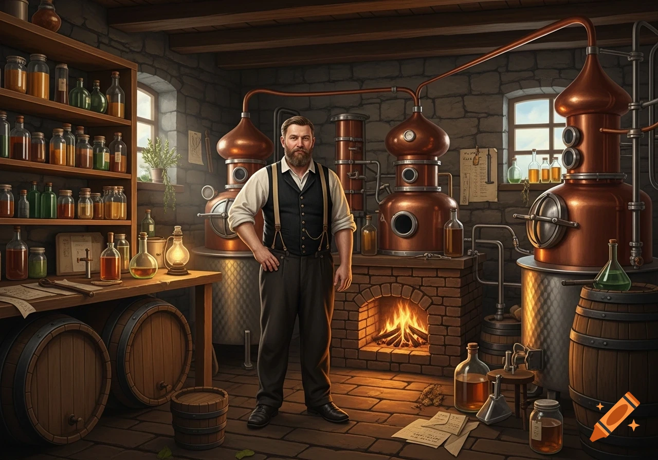 A bearded distiller stands in his workshop with copper stills, barrels, and shelves of bottles, set in a historic style.