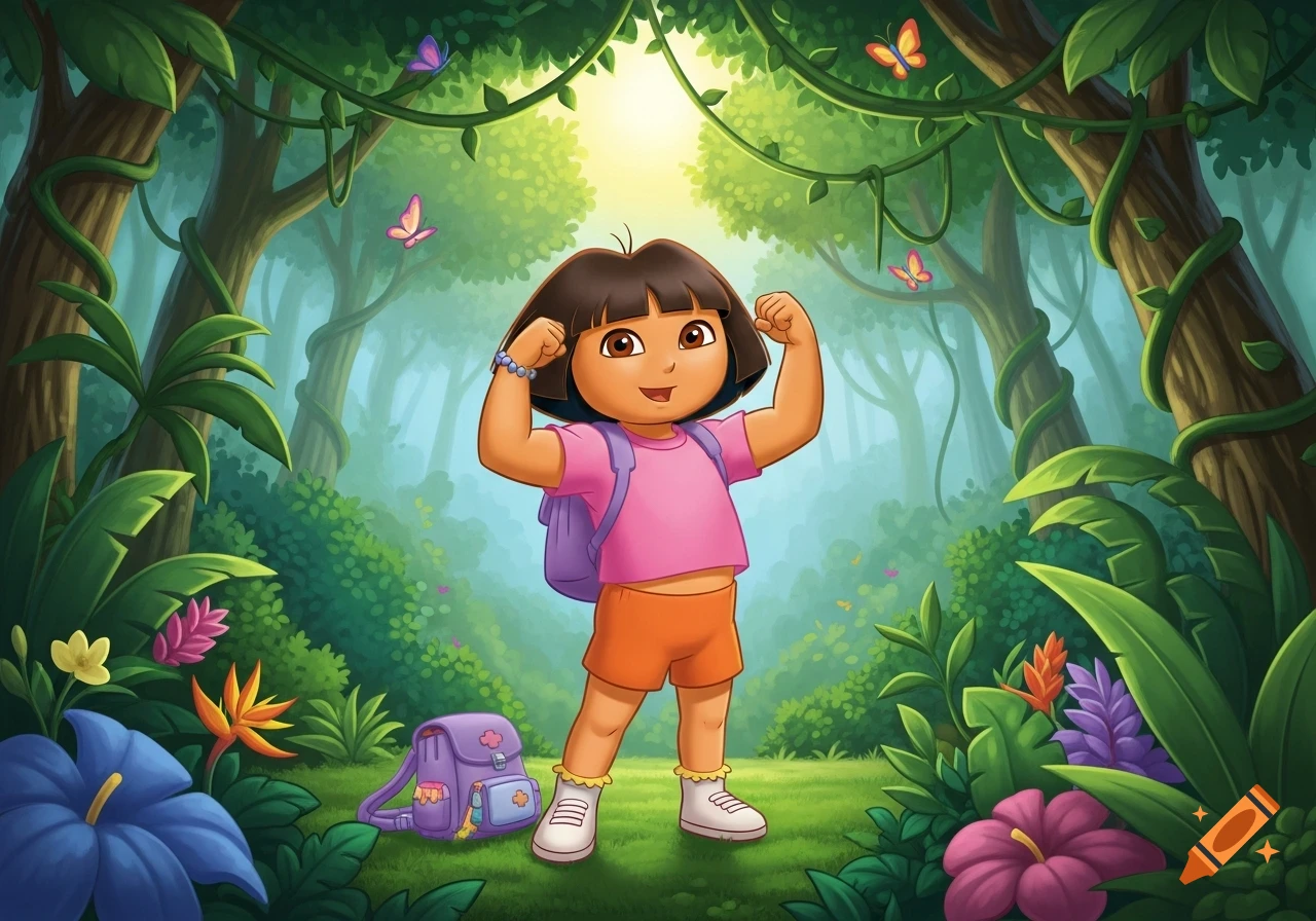 Dora the Explorer, a cartoon character, smiles and flexes her muscles in a vibrant jungle with colorful flowers and butterflies.