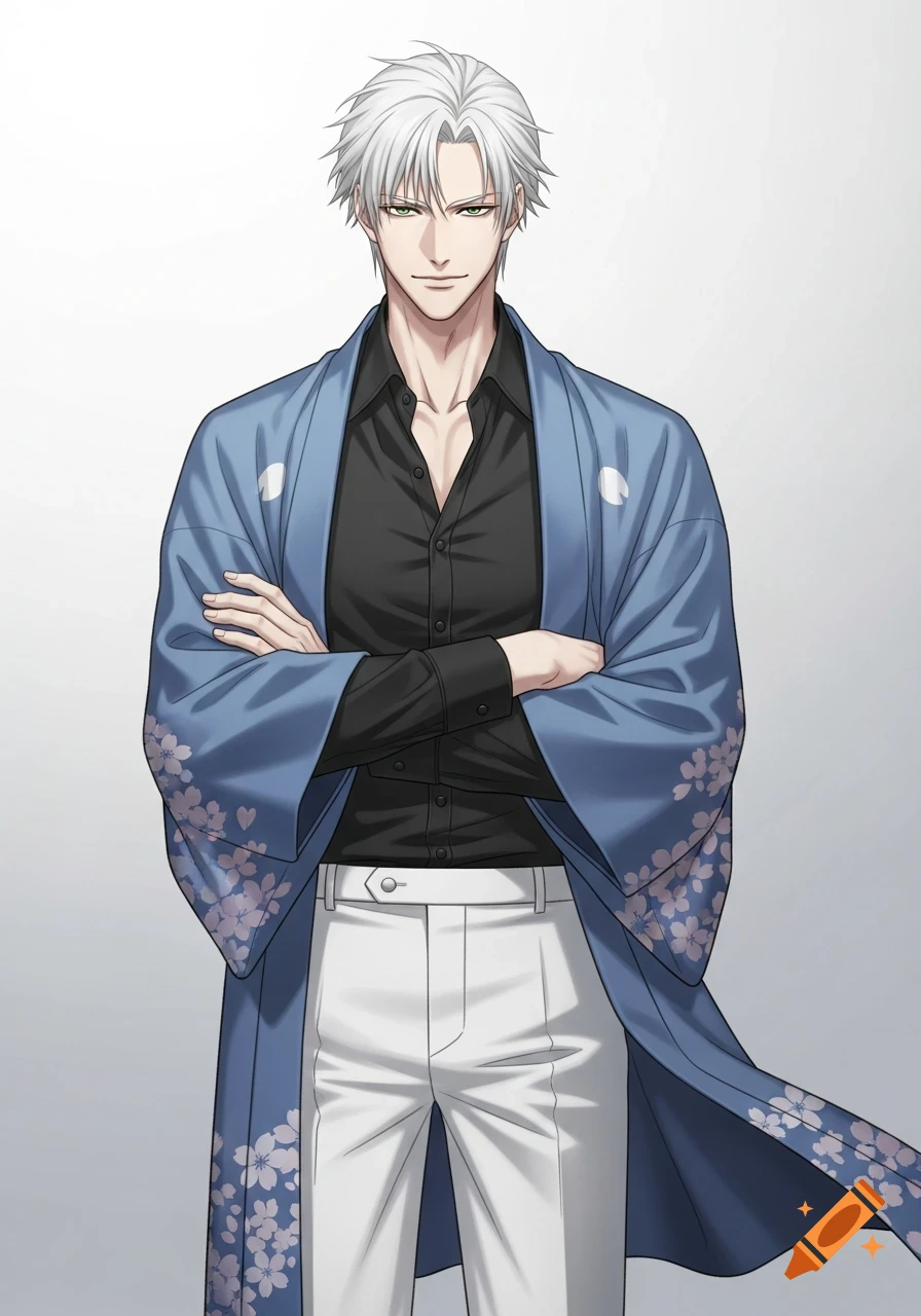 White-haired anime man with green eyes, wearing a black shirt, white slacks, and a blue haori with cherry blossom patterns, arms crossed.