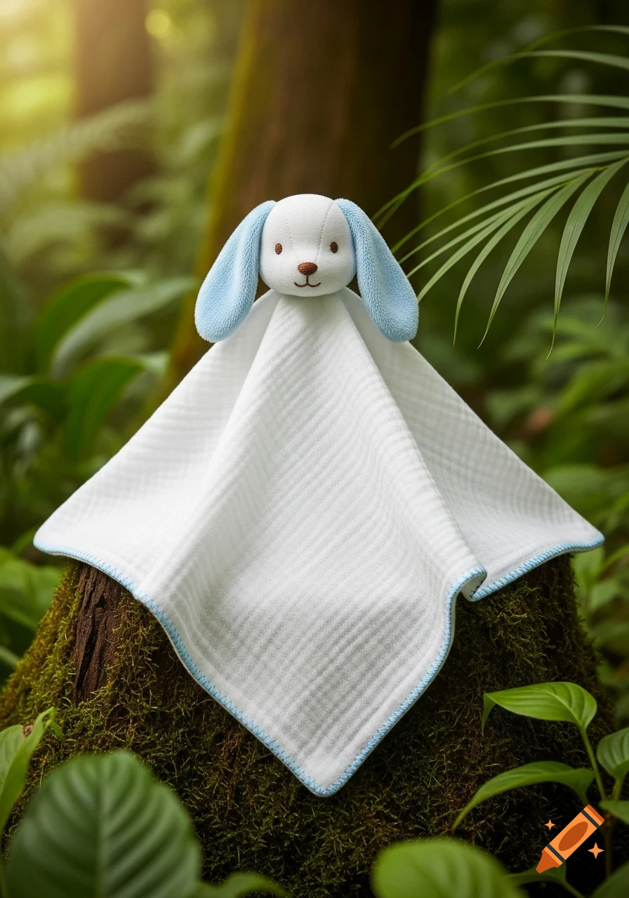 A white muslin lovey with a plush puppy head and blue ears rests on a mossy stump in a lush tropical forest, bathed in warm light.