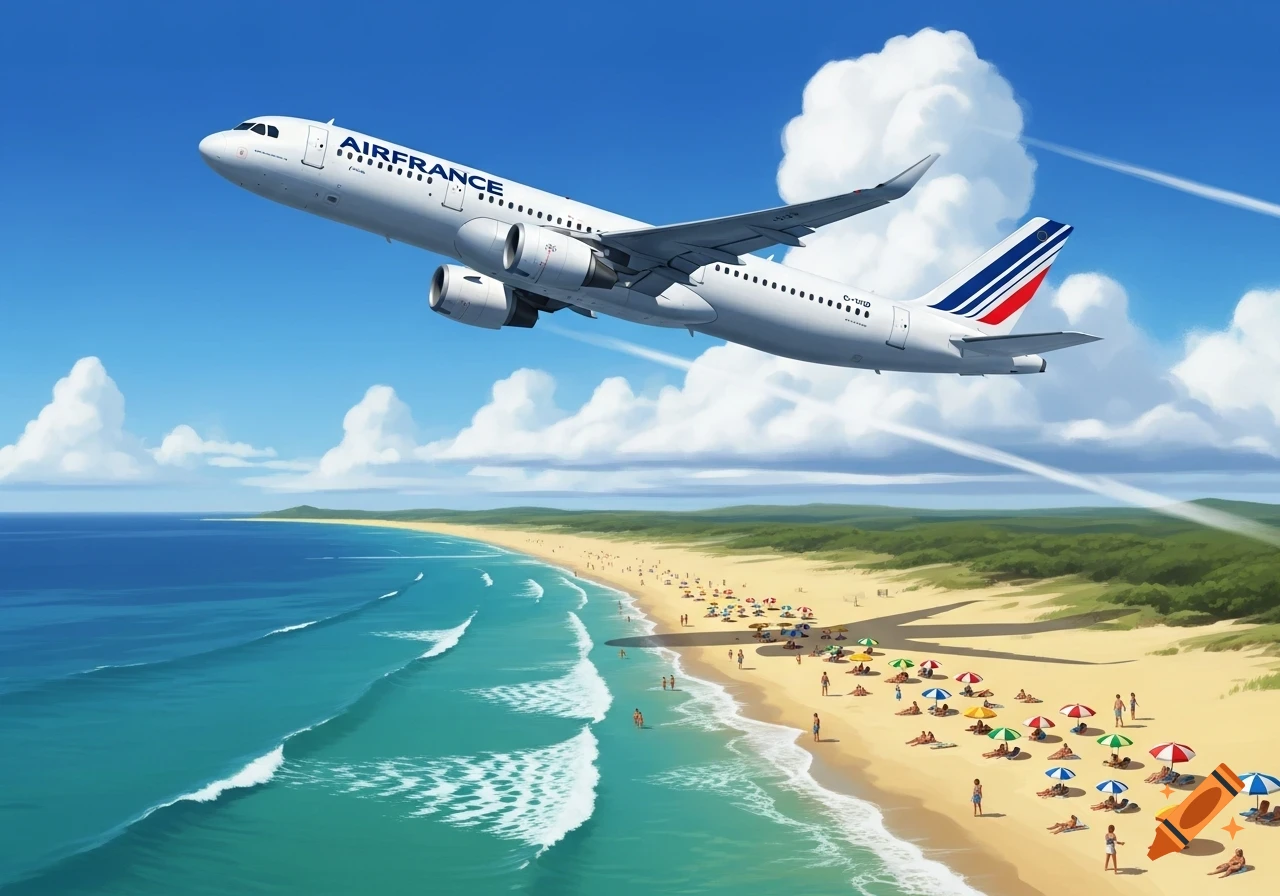 An Air France plane flies over a sunny beach with people and colorful umbrellas next to a blue ocean, in an illustrated style.