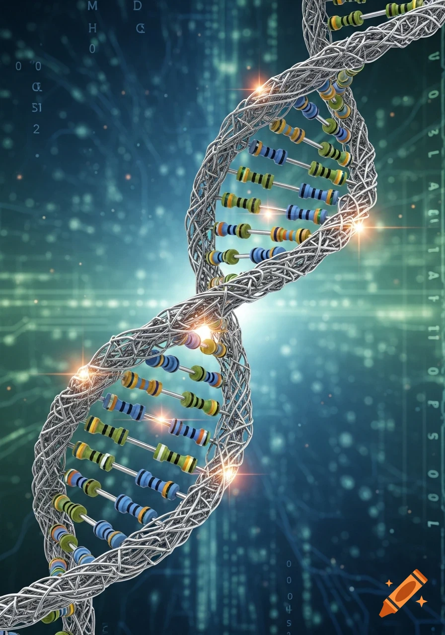 A double helix resembling a DNA strand, made of colorful electronic resistors and metal wires, against a circuit board background.