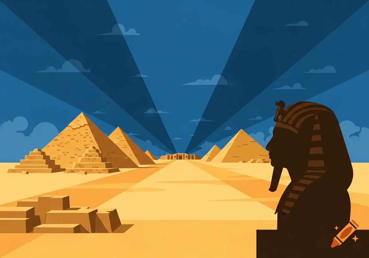 A stylized illustration of ancient Egyptian pyramids and a Sphinx silhouette against a blue sky with sun rays.