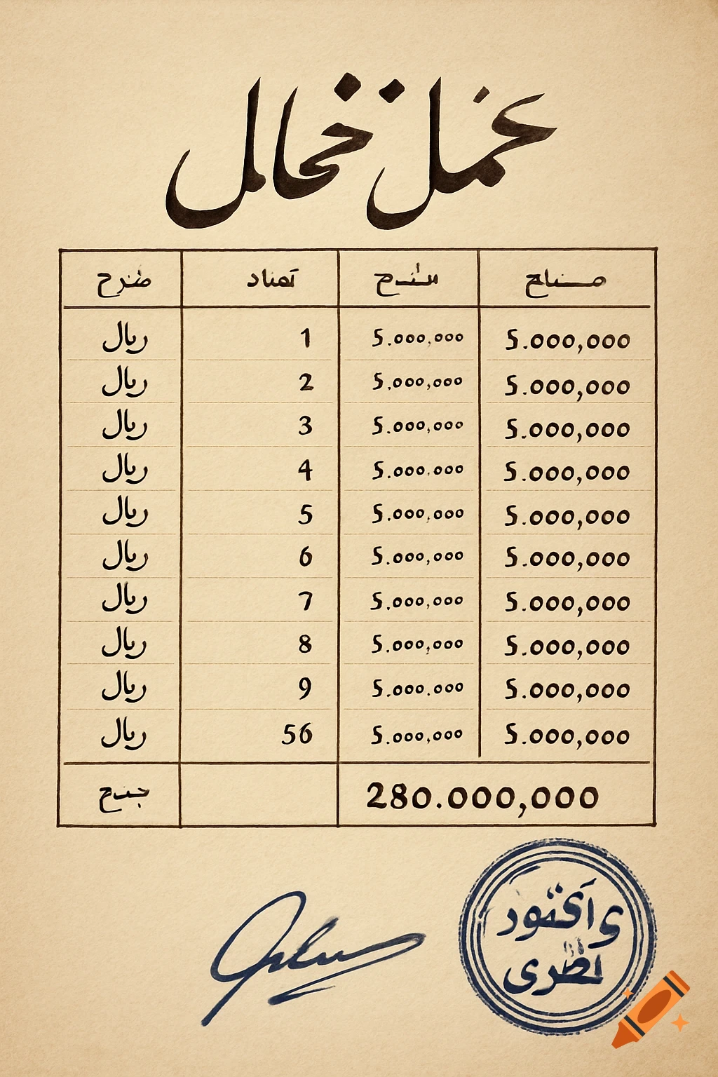 An old-style handwritten invoice for 'debris transport' in Persian, showing line items, prices, a total of 280 million Rials, a signature, and a 'Nazar Tractor' stamp.