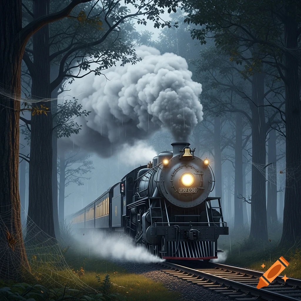 A vintage steam train with a bright headlight travels through a dark, rainy forest, emitting thick white smoke.