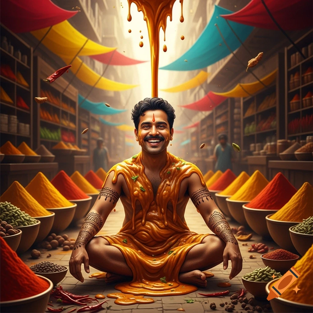 Smiling Indian man covered in golden curry, sitting cross-legged amidst colorful piles of spices in a vibrant market.