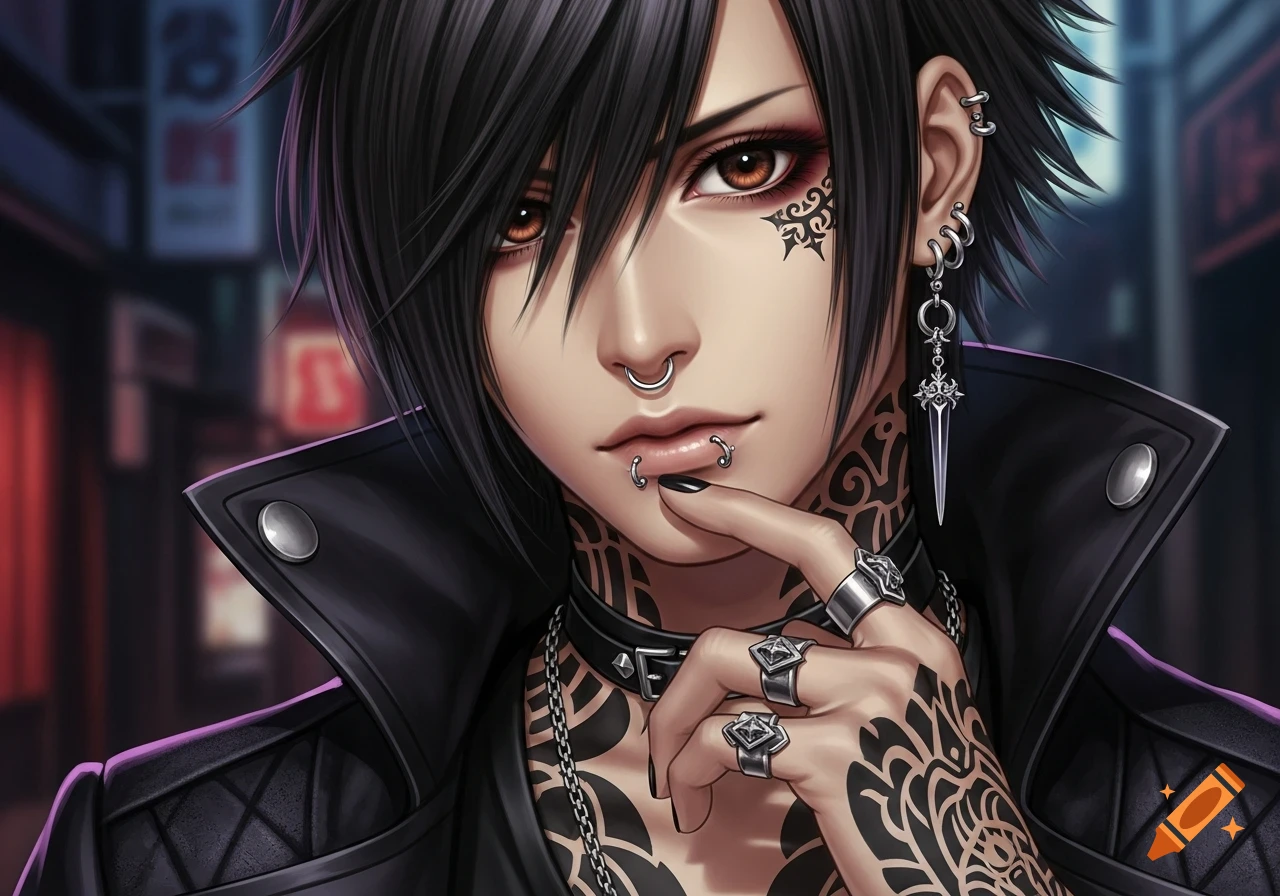 An anime-style portrait of a person with black hair, piercings, intricate tribal tattoos, and dark makeup, wearing a black leather jacket in a blurred city night background.