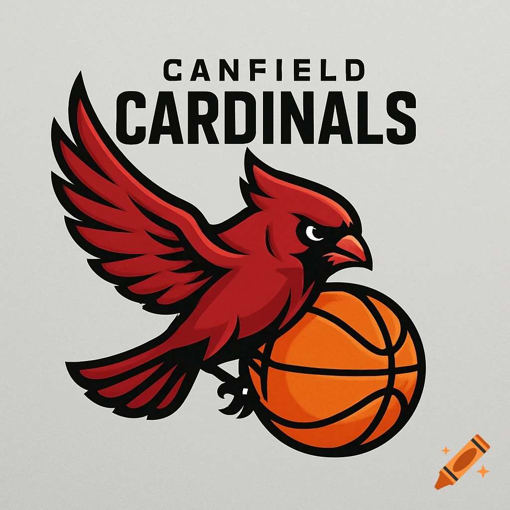 A red cardinal bird holding a basketball, with "CANFIELD CARDINALS" text above, forming a sports logo.